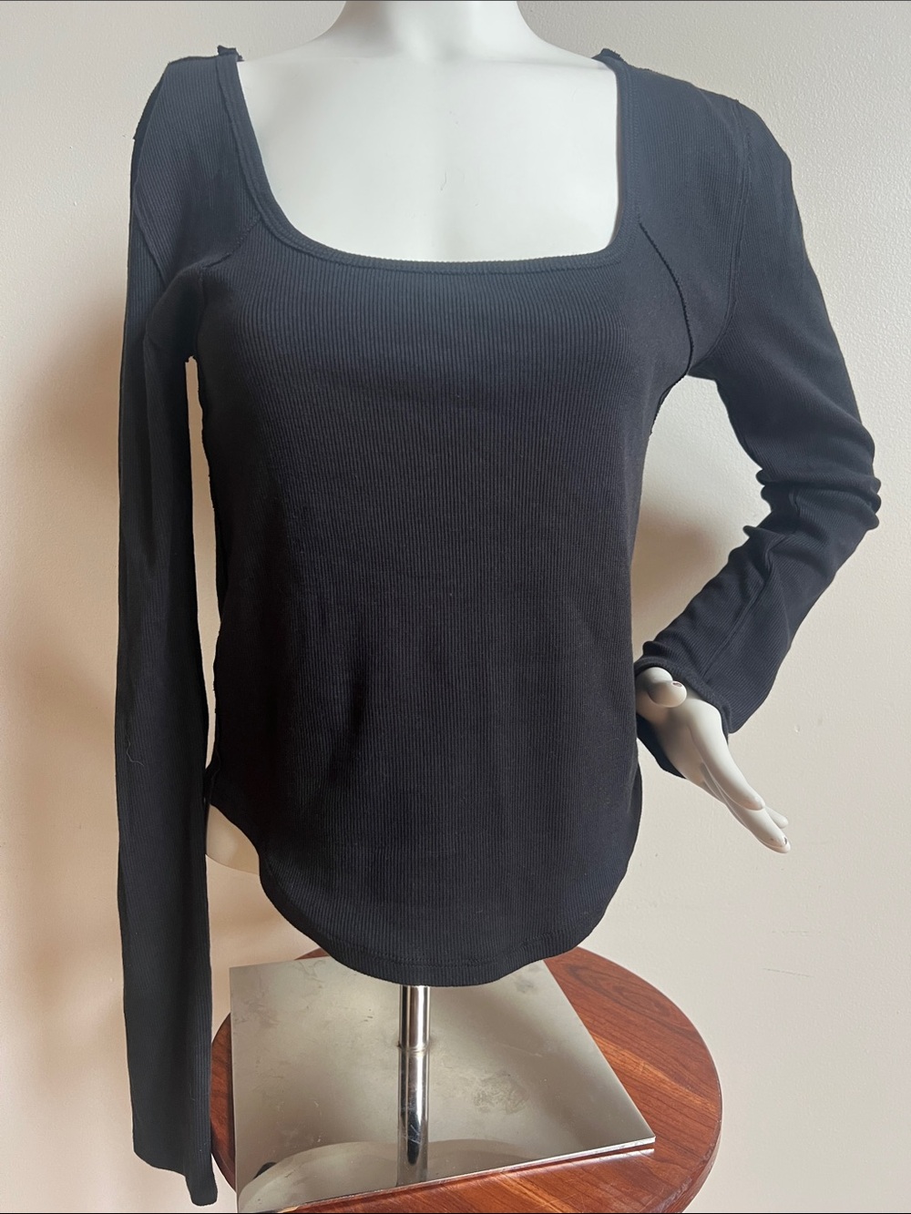We The Free Black Square-Neck Ribbed Long Sleeve Top